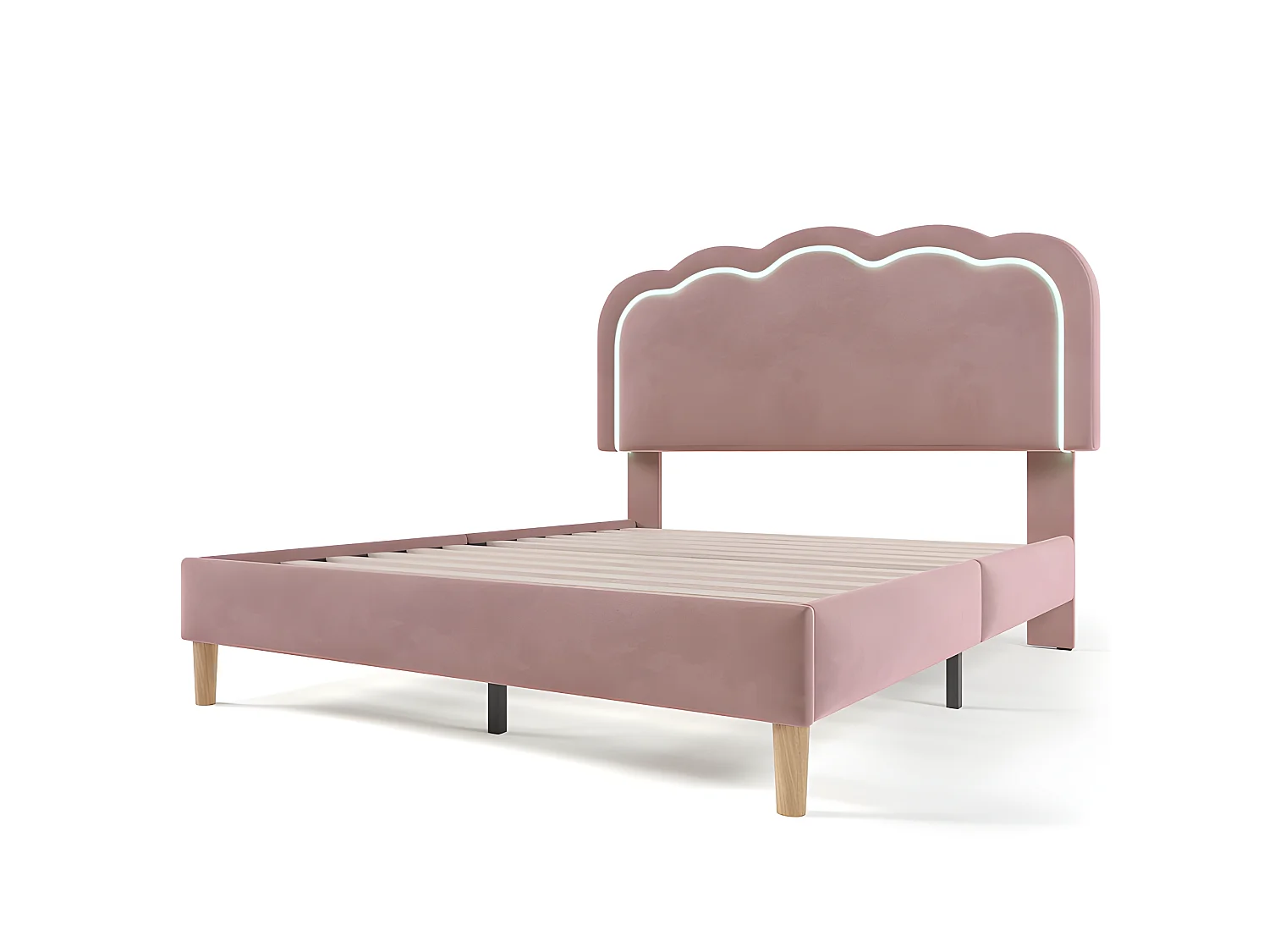 Lit 140x200cm rembourré en velours - avec LED et sommier à lattes - Rose