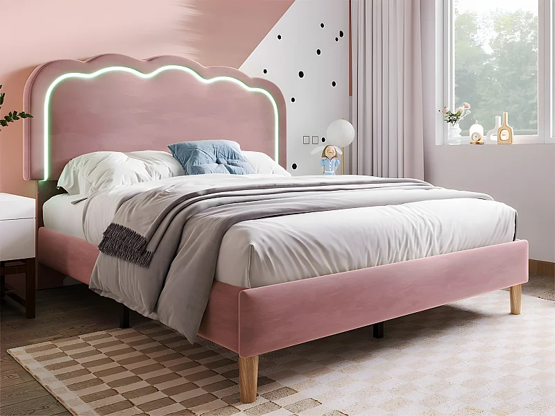 Lit 140x200cm rembourré en velours - avec LED et sommier à lattes - Rose