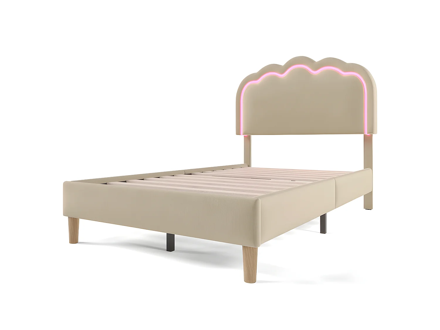 Bed 90x190cm opgevuld met linnen - met LED en lattenbodem - Beige