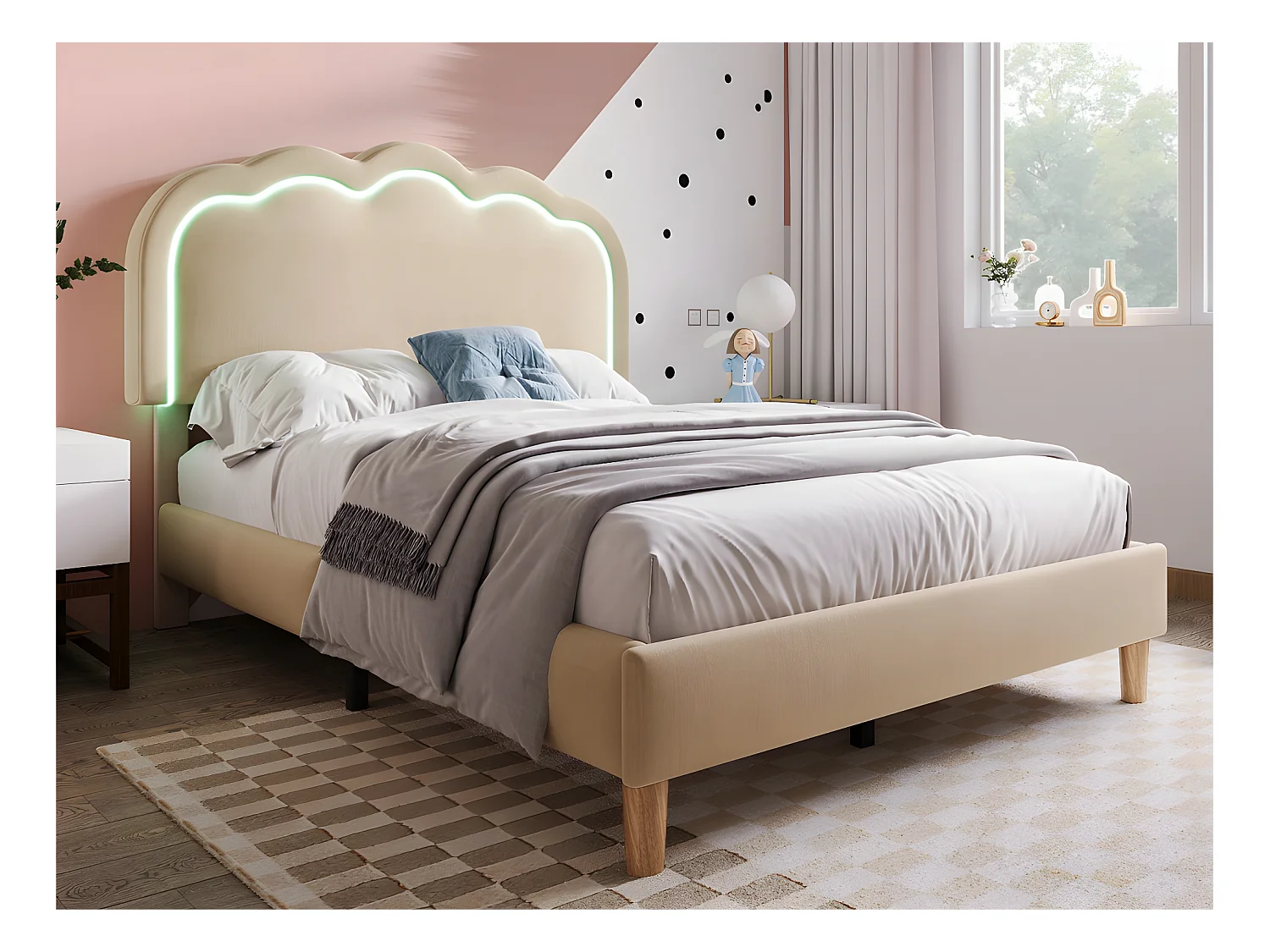 Lit 90x190cm rembourré en lin - avec LED et sommier à lattes - Beige