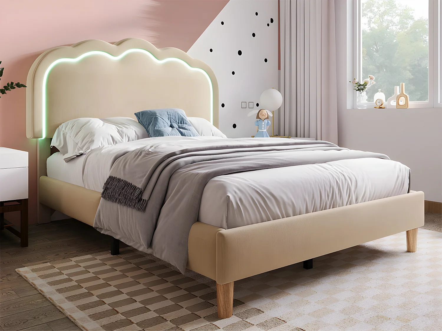 Lit 90x190cm rembourré en lin - avec LED et sommier à lattes - Beige