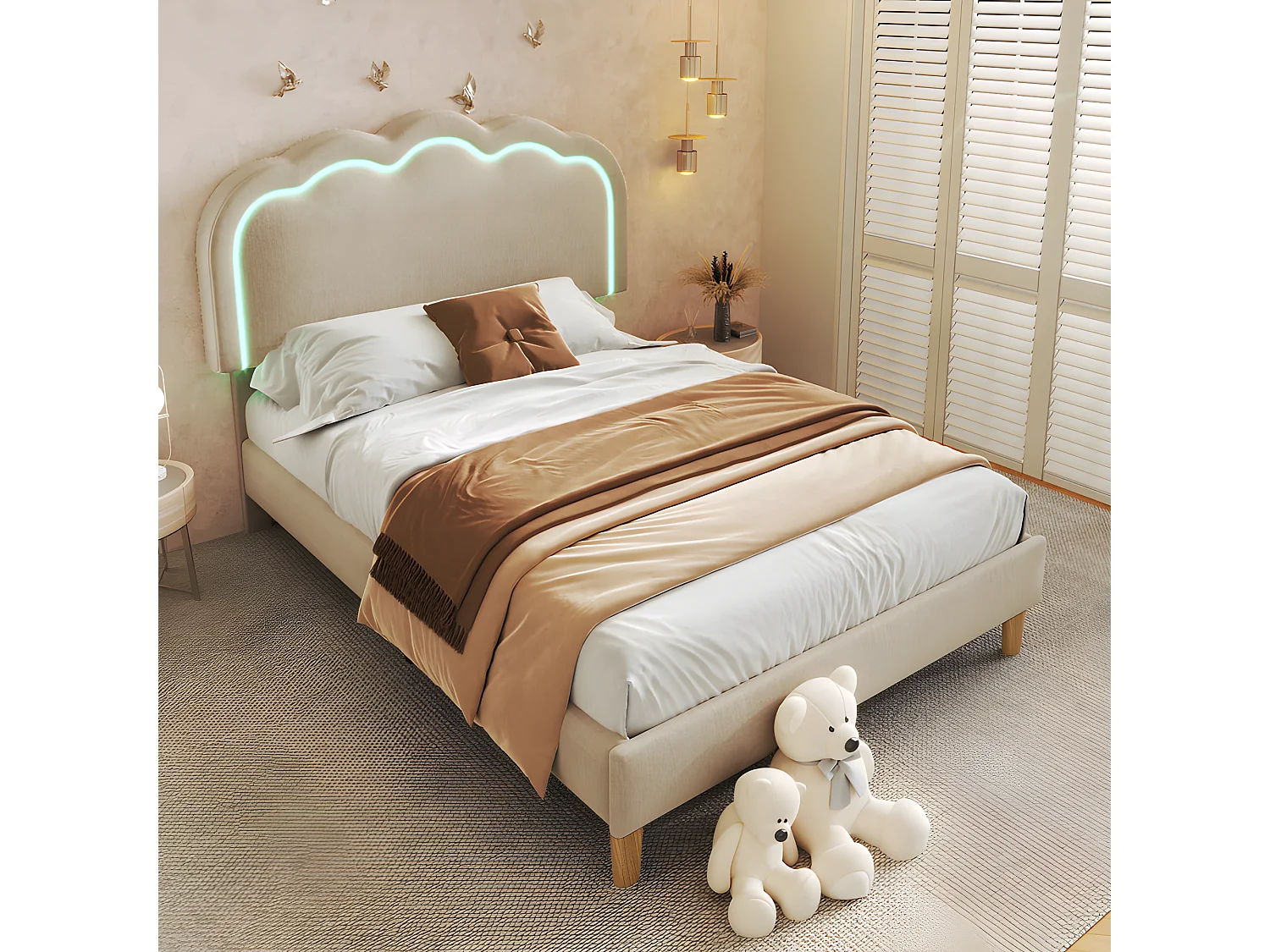 Lit 90x190cm rembourré en lin - avec LED et sommier à lattes - Beige