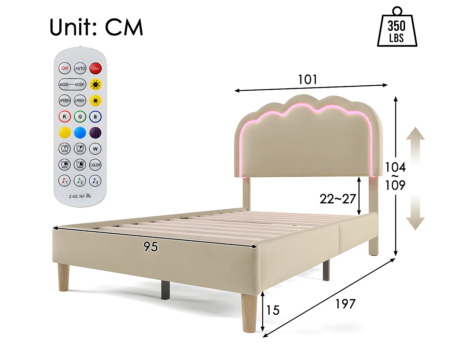 Lit 90x190cm rembourré en lin - avec LED et sommier à lattes - Beige