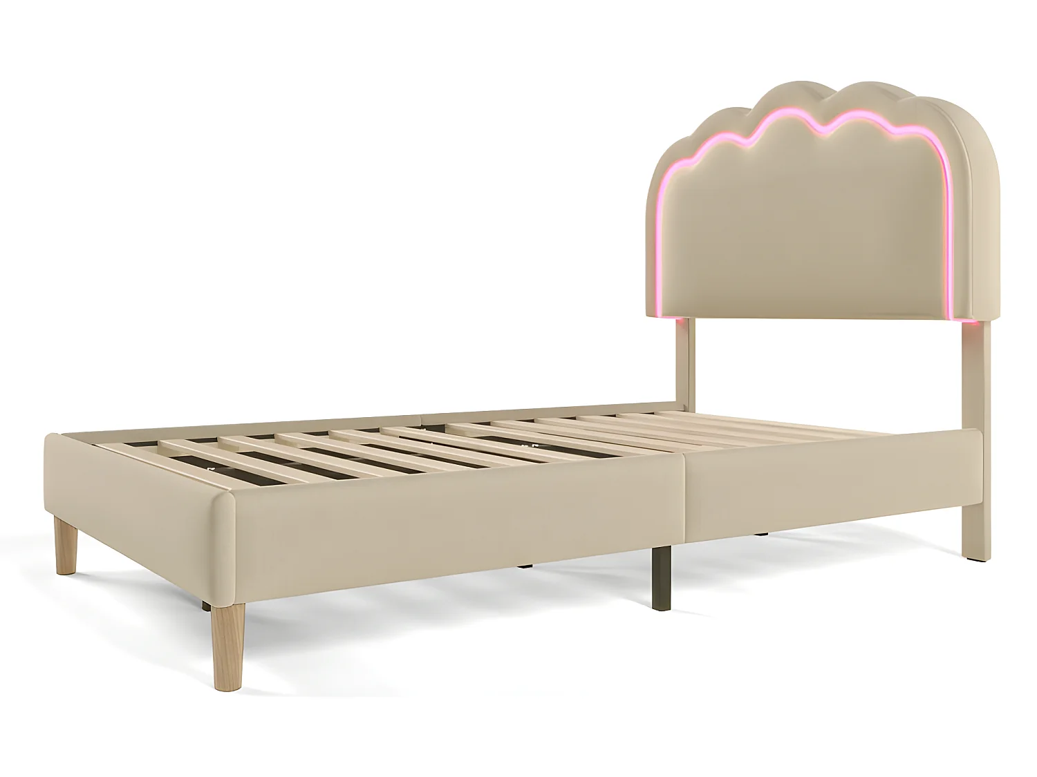 Lit 90x190cm rembourré en lin - avec LED et sommier à lattes - Beige