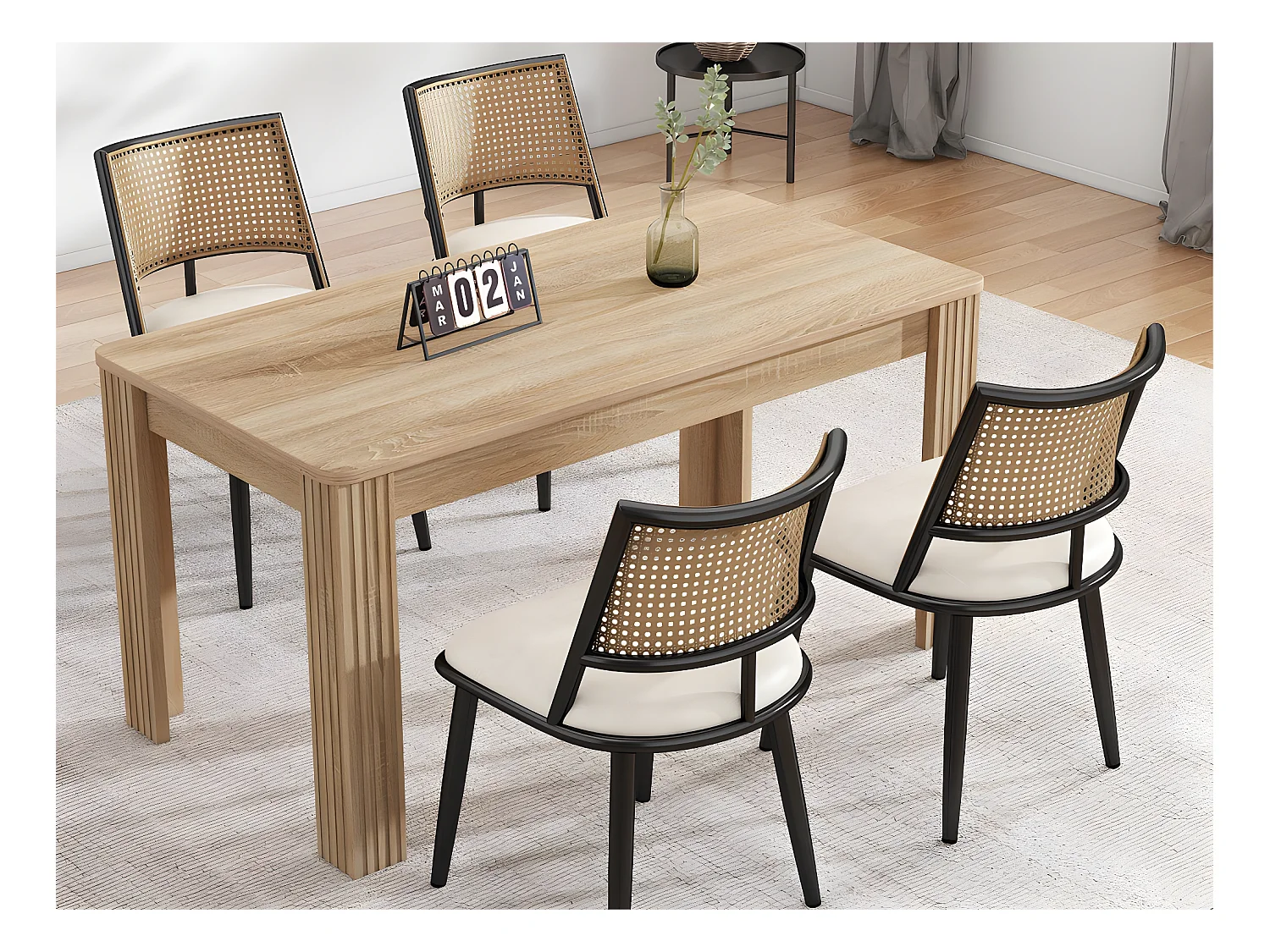 Lot de 4 Chaises de salle à manger avec coussin en similicuir et dossier en rotin PE - Noir