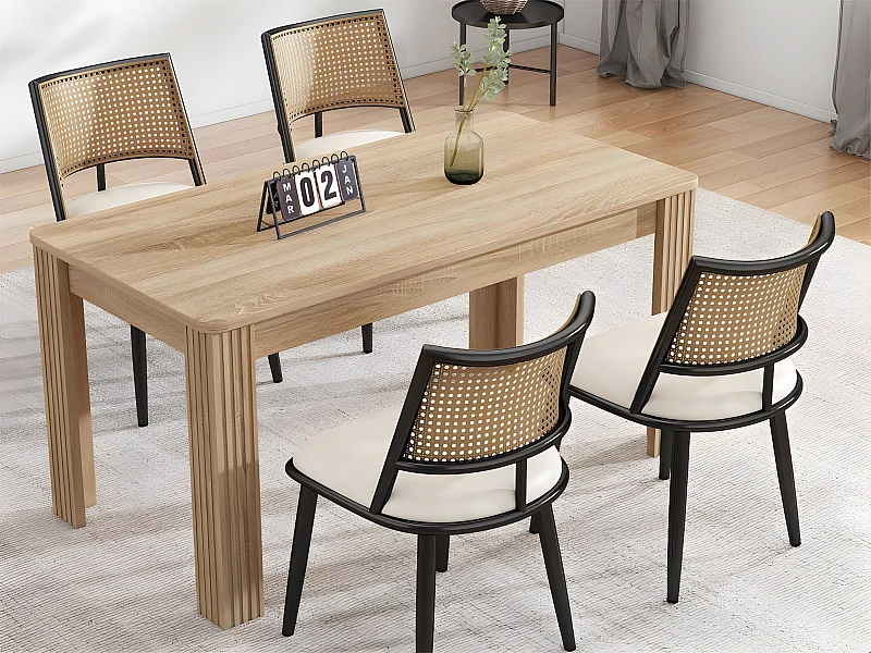 Set van 4 eetkamerstoelen met kunstleer kussen en PE rotan rugleuning - Zwart