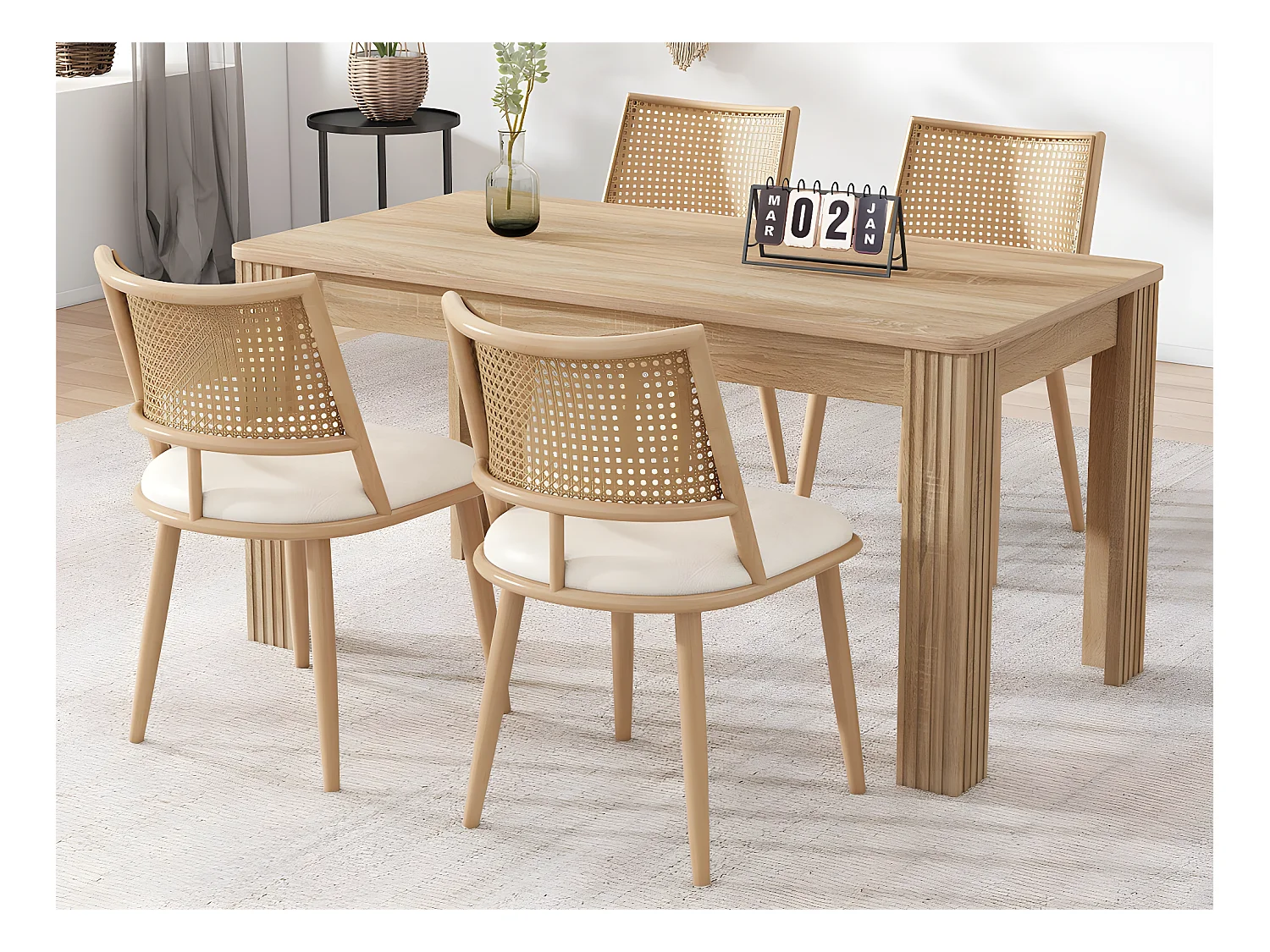 Lot de 4 Chaises de salle à manger avec coussin en similicuir et dossier en rotin PE - Naturel