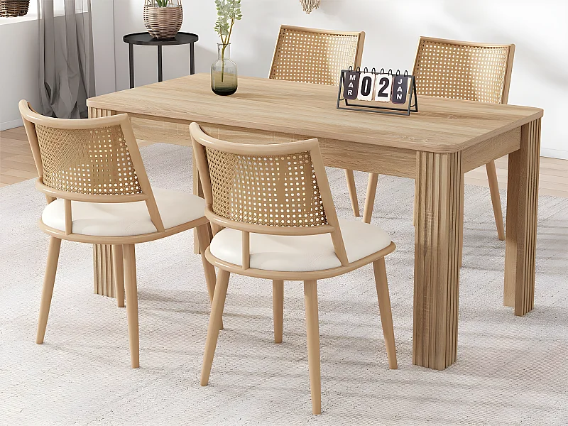 Set mit 4 Esszimmerstühlen mit Kunstlederkissen und Rückenlehne aus PE-Rattan – Natur