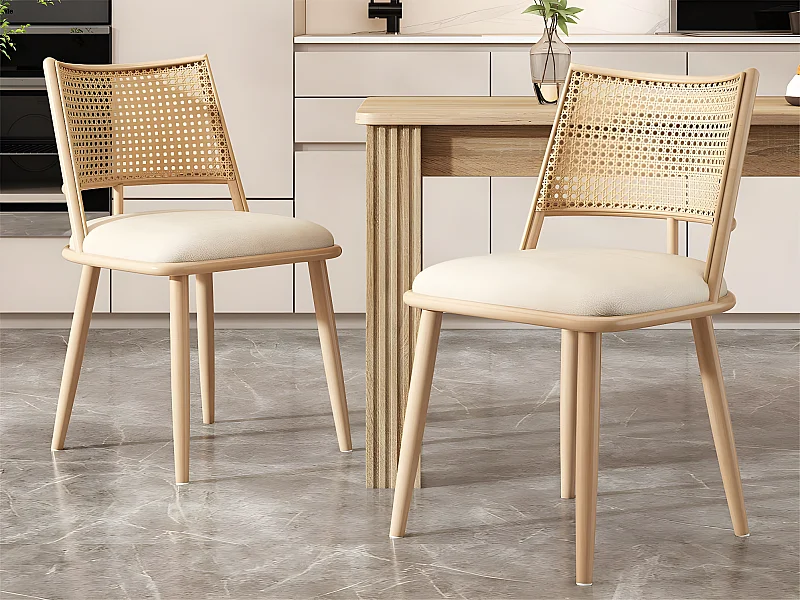 Juego de 2 sillas de comedor con cojín de piel sintética y respaldo de ratán PE - Natural