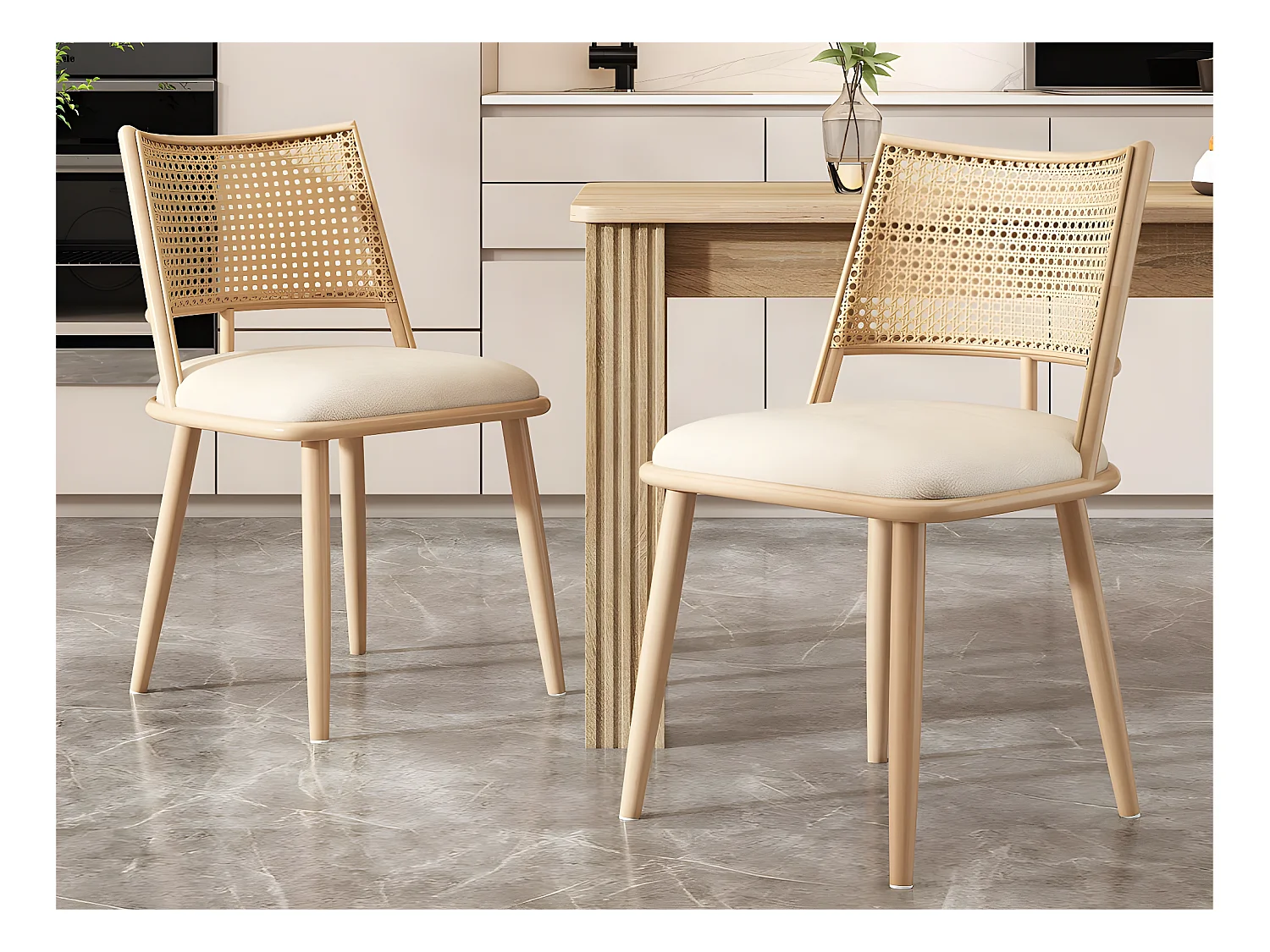 Lot de 2 Chaises de salle à manger avec coussin en similicuir et dossier en rotin PE - Naturel