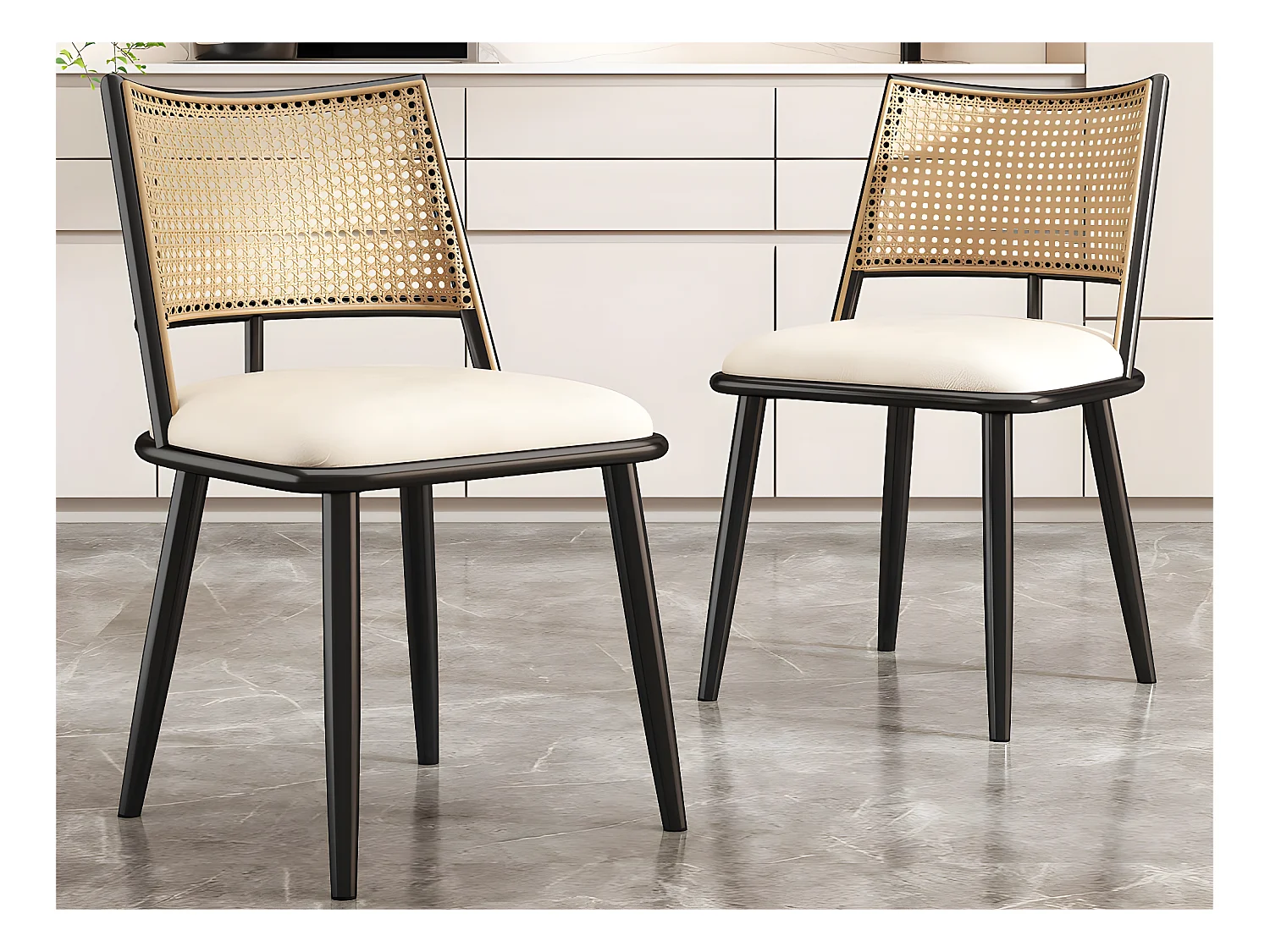 Lot de 2 Chaises de salle à manger avec coussin en similicuir et dossier en rotin PE - Noir