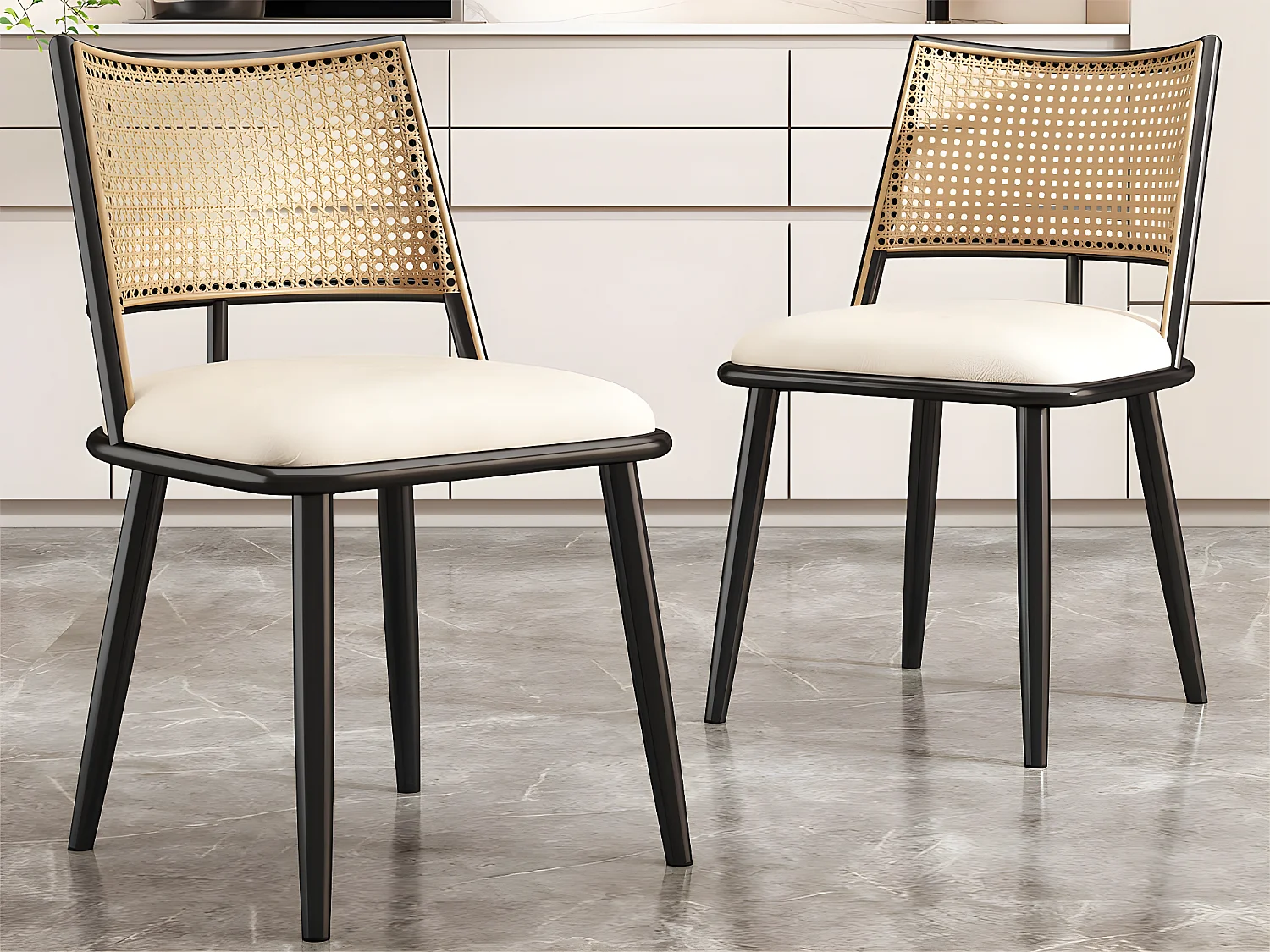 Lot de 2 Chaises de salle à manger avec coussin en similicuir et dossier en rotin PE - Noir