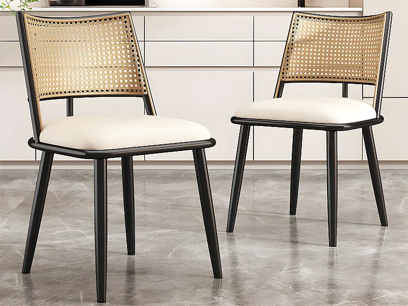 Set van 2 eetkamerstoelen met kunstleer kussen en PE rotan rugleuning - Zwart