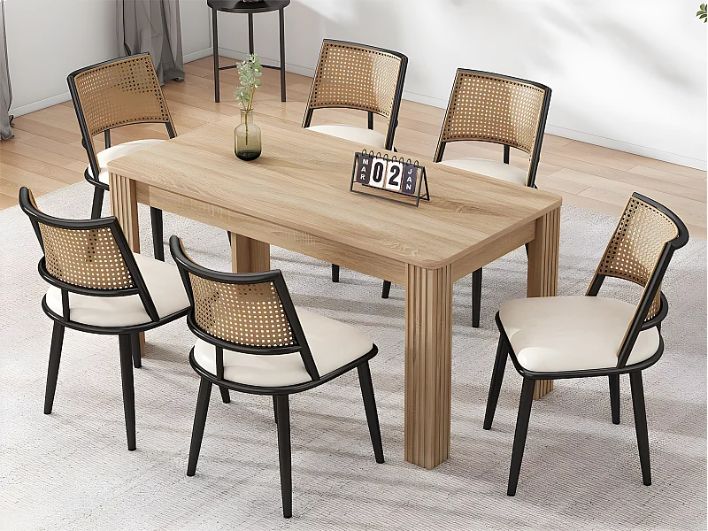 Set di 6 sedie da sala da pranzo con cuscino in ecopelle e schienale in rattan PE - Nero