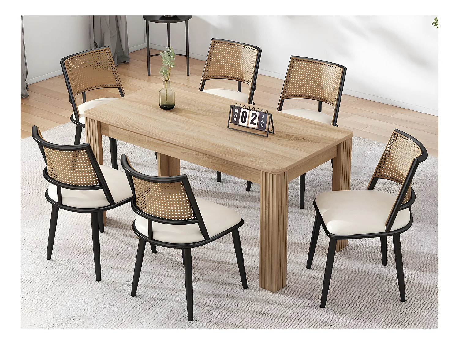 Lot de 6 Chaises de salle à manger avec coussin en similicuir et dossier en rotin PE - Noir
