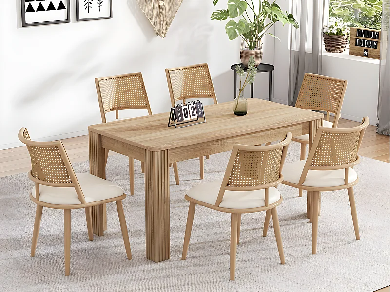 Set di 6 sedie da pranzo con cuscino in ecopelle e schienale in rattan PE - Naturale