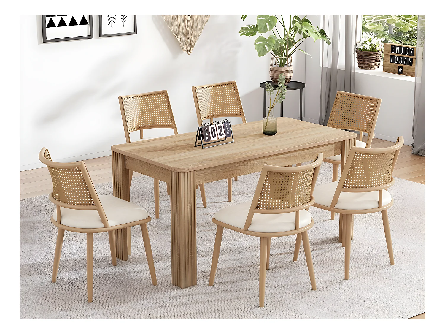 Lot de 6 Chaises de salle à manger avec coussin en similicuir et dossier en rotin PE - Naturel