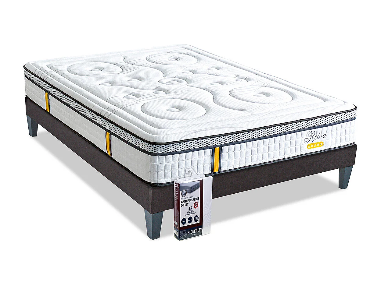 BELLECOUR LITERIE | Pack REINA 2.0 140x190 cm | Matelas Ressorts ensachés + Sommier Bois + Protège matelas anti punaise