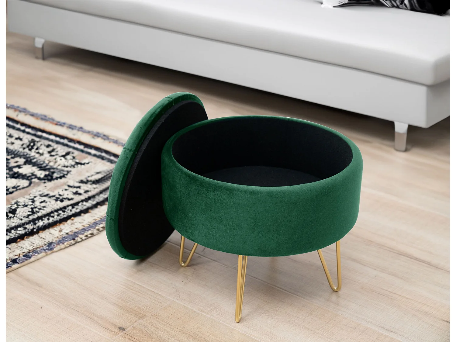 Pouf de Rangement avec Couvercle matelassé AKORD CARO velour colour Vert Bouteille hauteur 33 cm