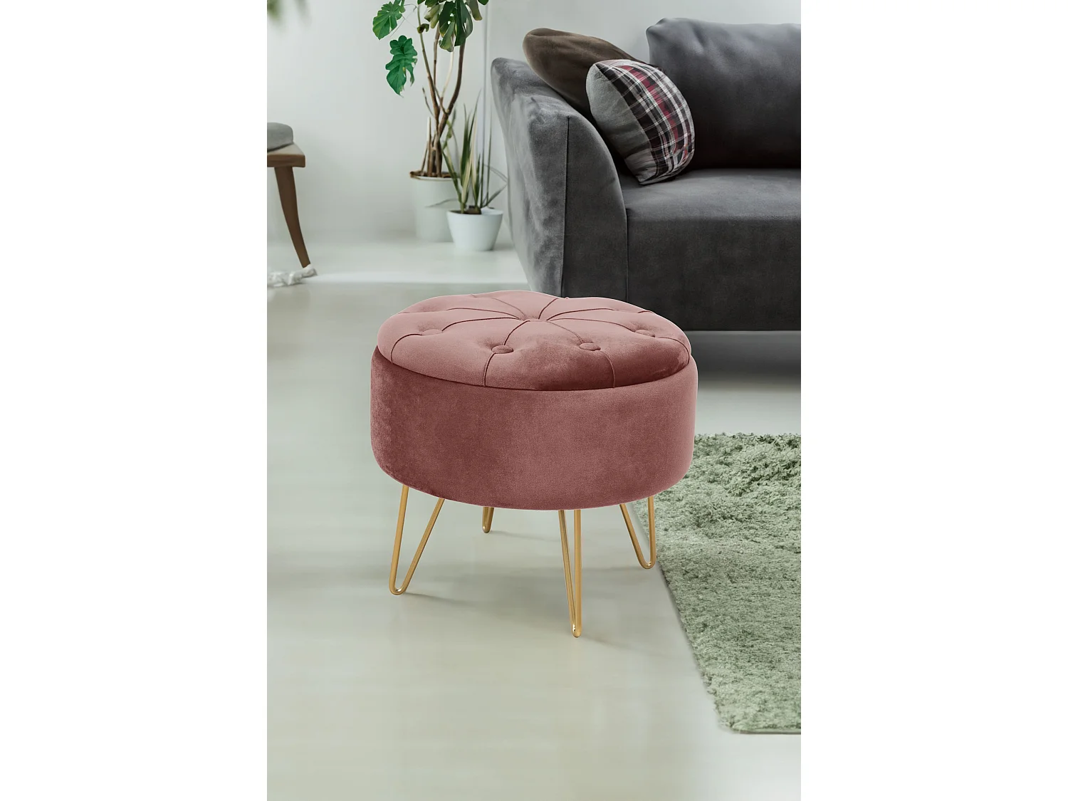 Pouf a scomparto rotonda in velluto trapuntato AKORD CARO colore Rose