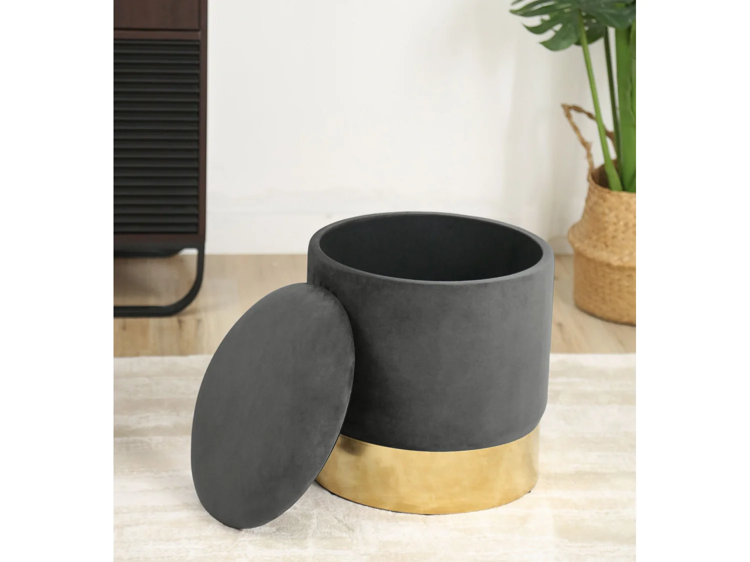 Pouf de Rangement avec Couvercle AKORD GOLDEN velour colour Gris Graphite hauteur 40 cm