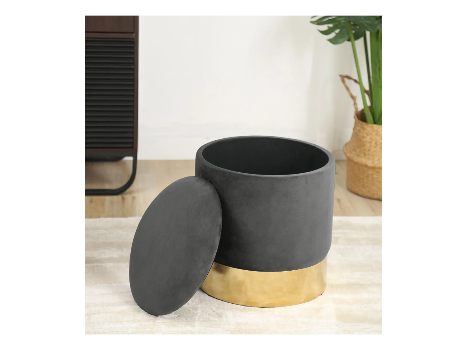 Pouf AKORD GOLDEN aus Samtstoff mit Stauraum in Graphitgrau Durchmesser 39 cm Höhe 40 cm