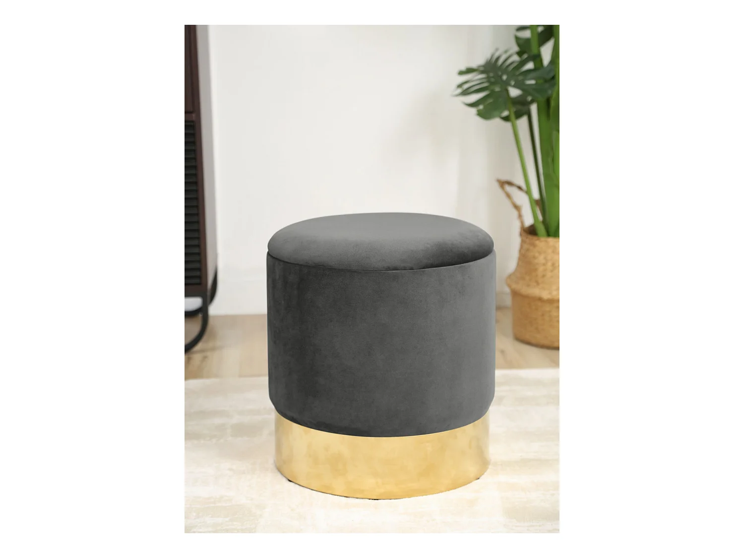 Pouf AKORD GOLDEN aus Samtstoff mit Stauraum in Graphitgrau Durchmesser 39 cm Höhe 40 cm