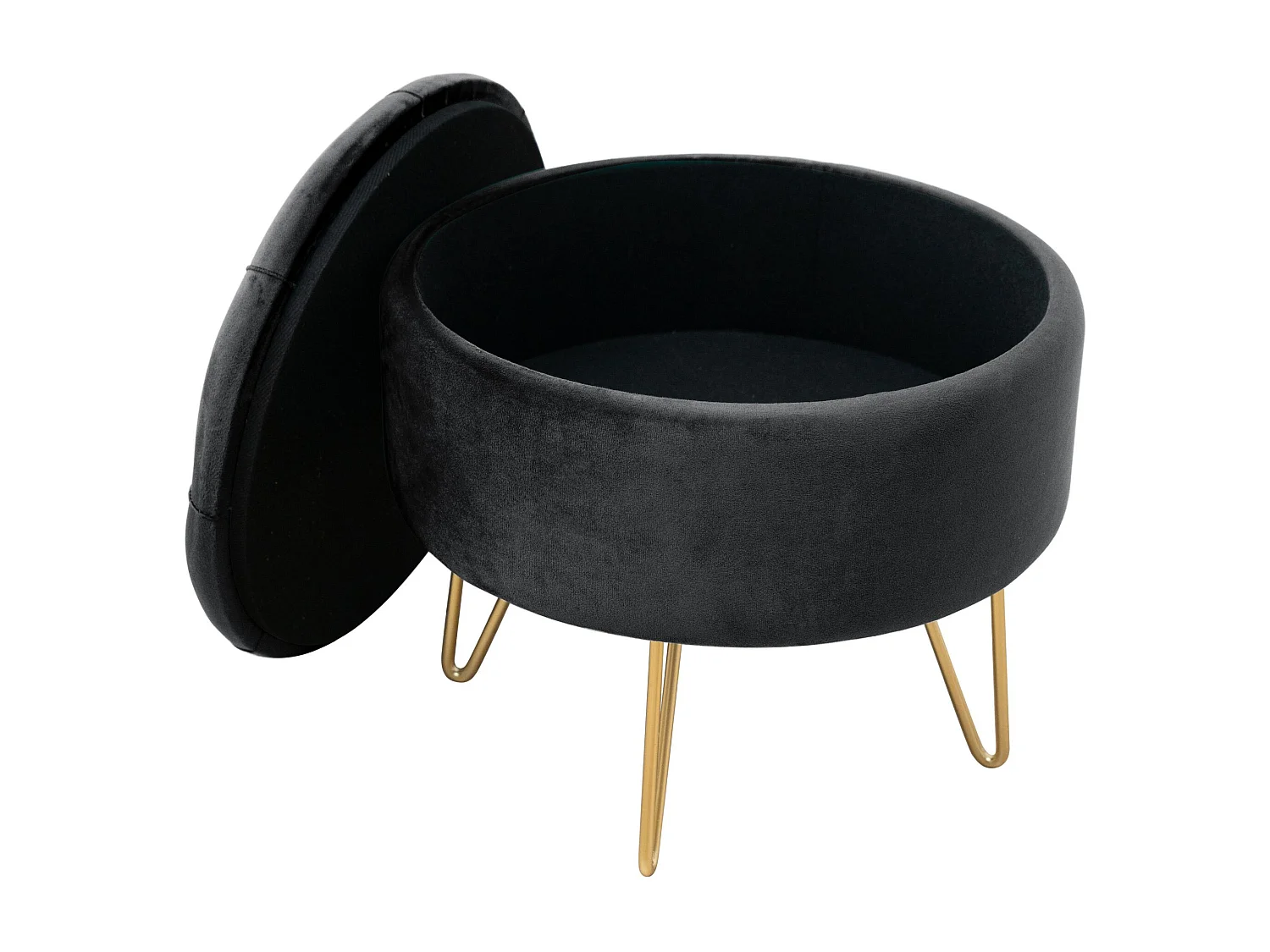 Pouf de Rangement avec Couvercle matelassé AKORD CARO velour colour Noir hauteur 33 cm