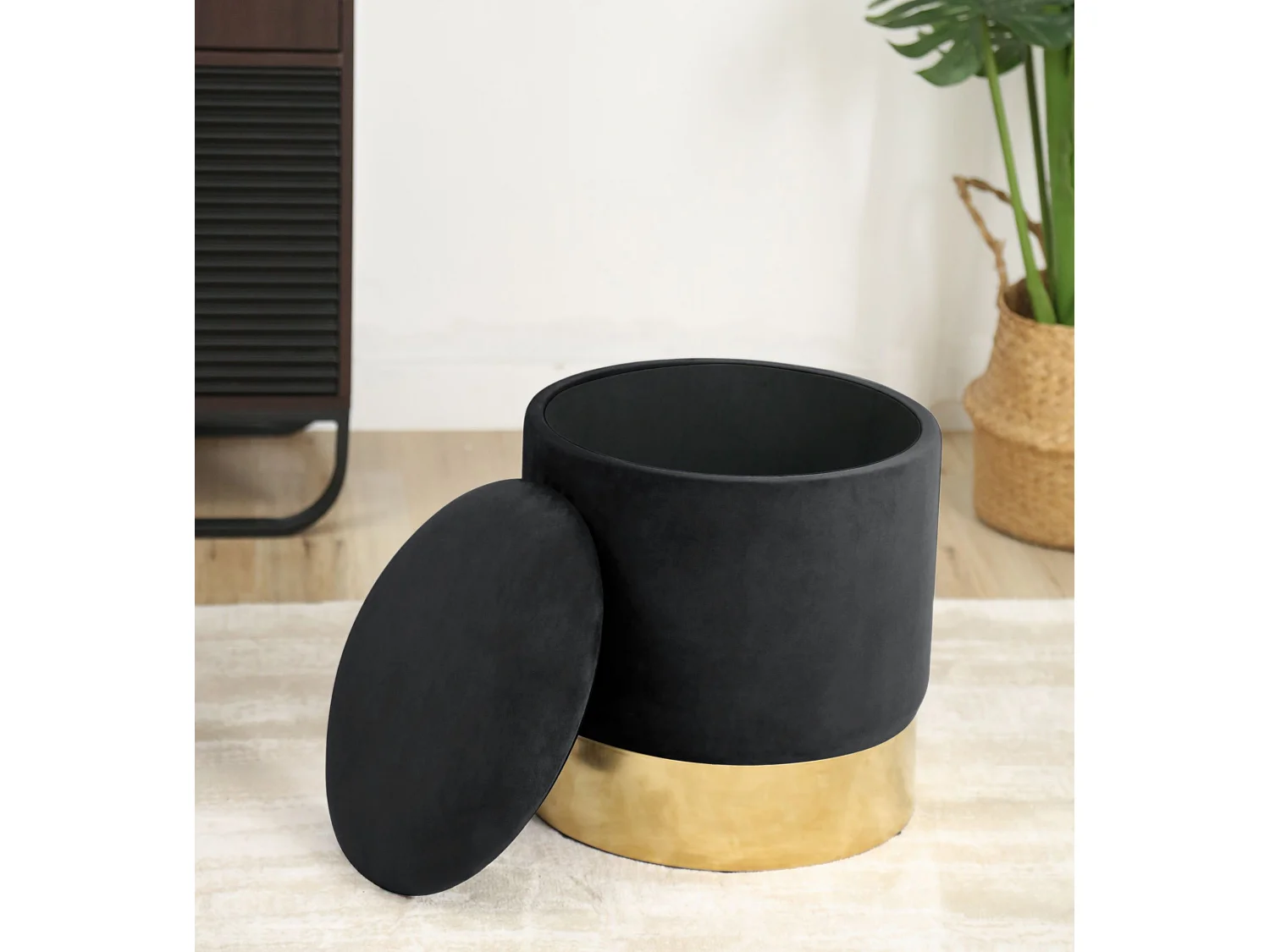 Pouf a scomparto rotonda in velluto AKORD GOLDEN colore Nero