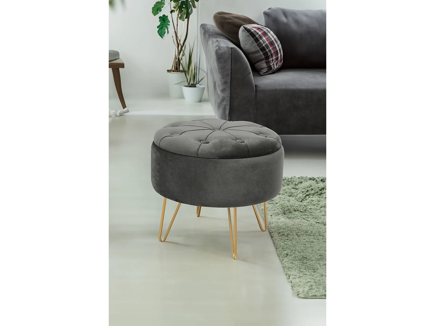 Pouf de Rangement avec Couvercle matelassé AKORD CARO velour colour Gris Graphite hauteur 33 cm