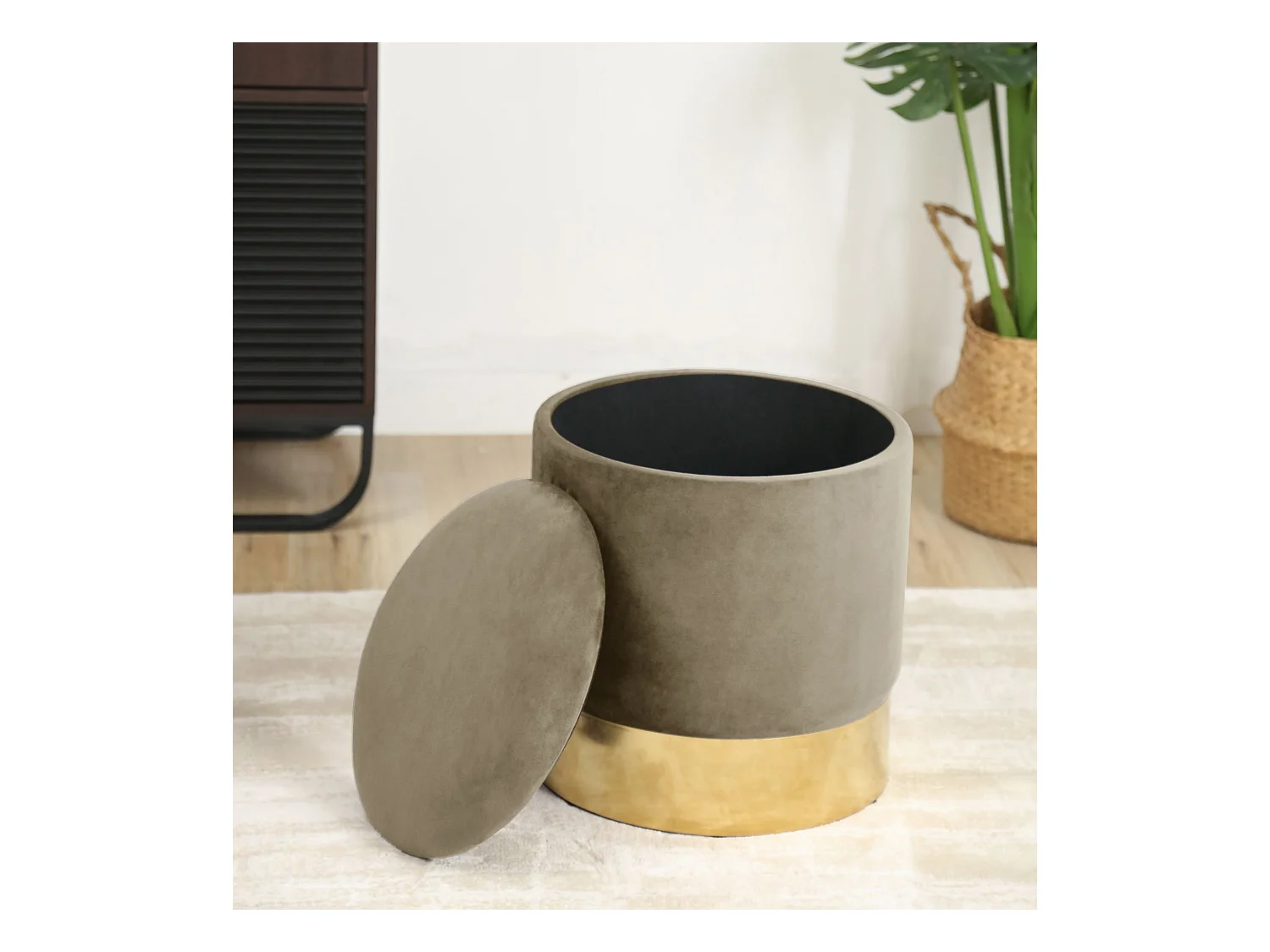 Beige Ronde Fluwelen Poef met Gouden Basis - Opbergruimte en Zelfmontage