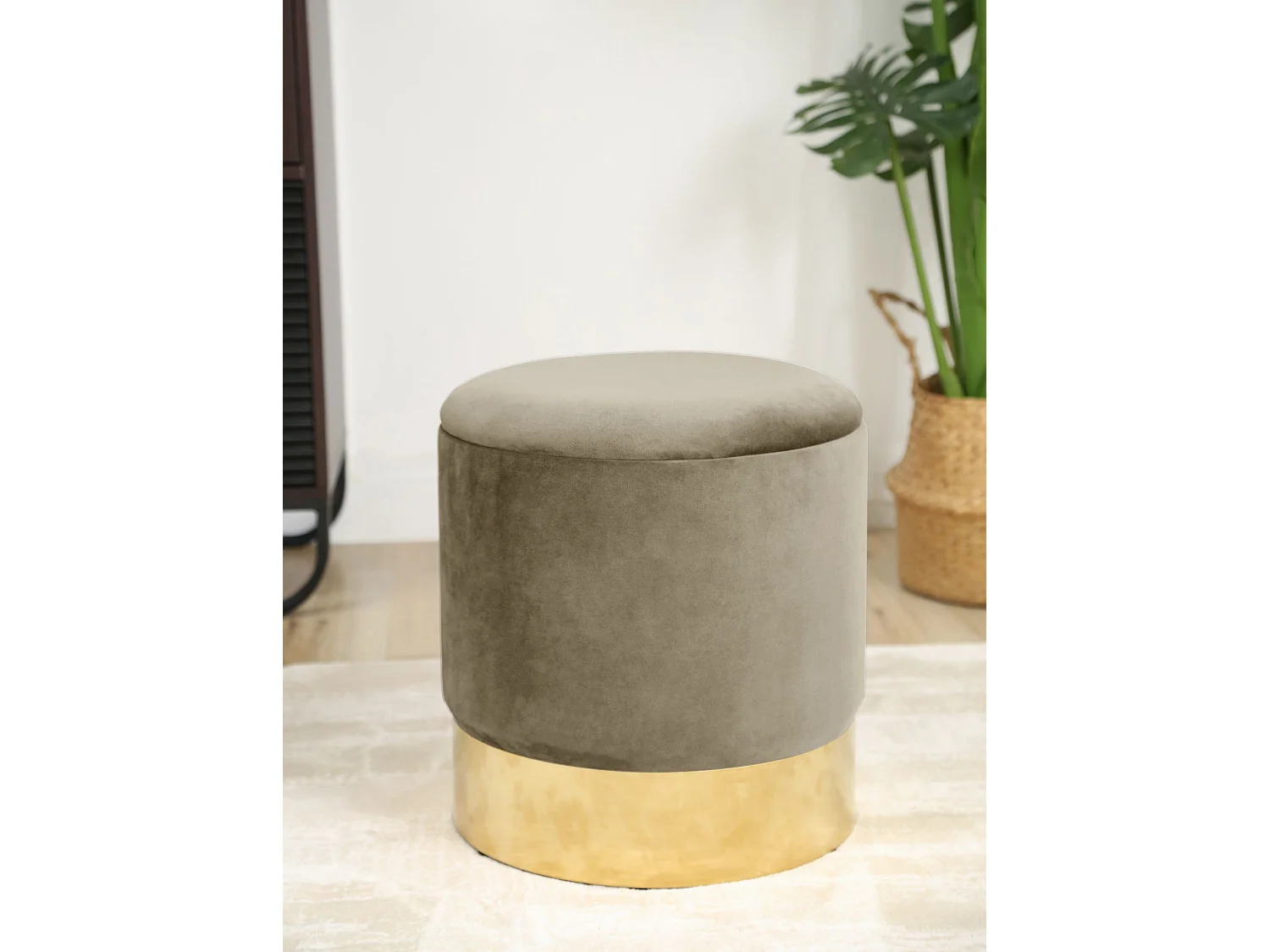 Beige Ronde Fluwelen Poef met Gouden Basis - Opbergruimte en Zelfmontage