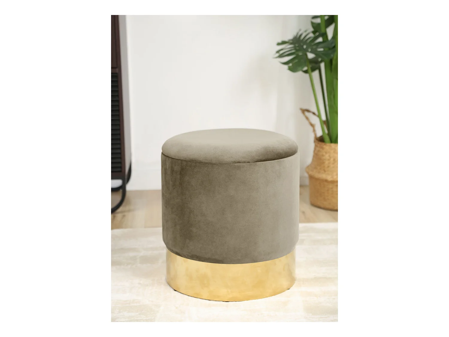 Beige Ronde Fluwelen Poef met Gouden Basis - Opbergruimte en Zelfmontage