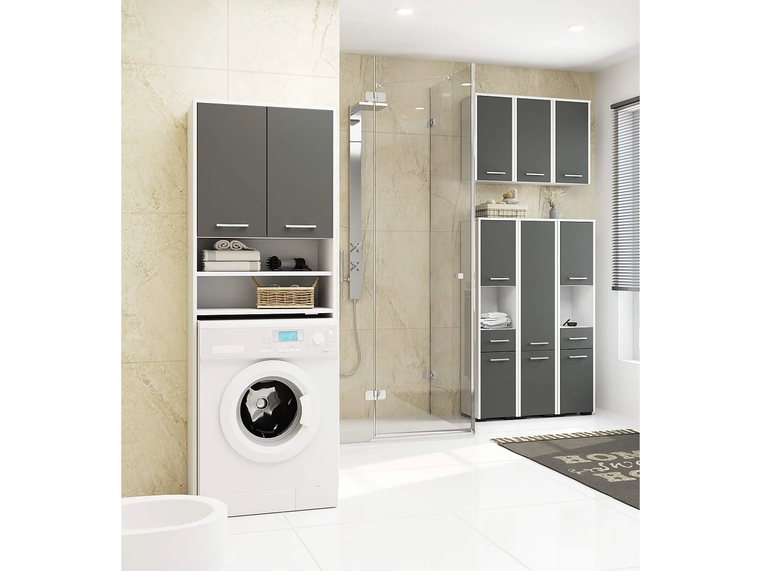 Hängender Badezimmerschrank AKORD FIN Weiß 30 cm Tür 2 Ebenen Front Graphitgrau B30 x H60 x T22,5 cm