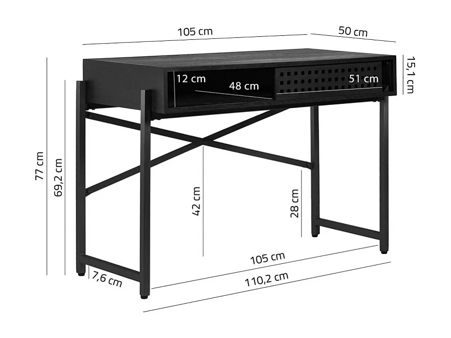 Console 105 cm caisson bois noir ajourée et pieds métal noir - MICHEL
