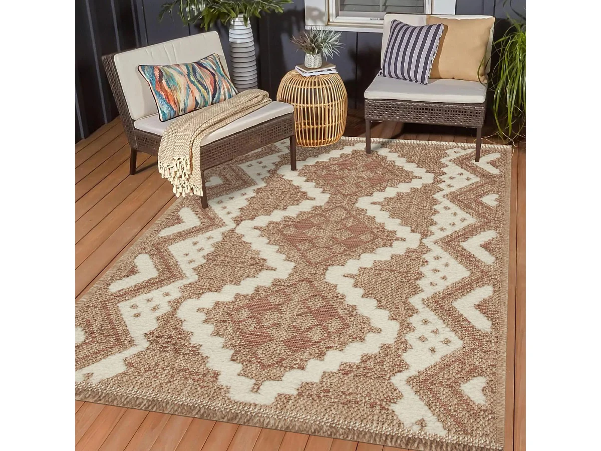 Tapis extérieur 60x90 tissé kilim marron et rouge ZEPHYR