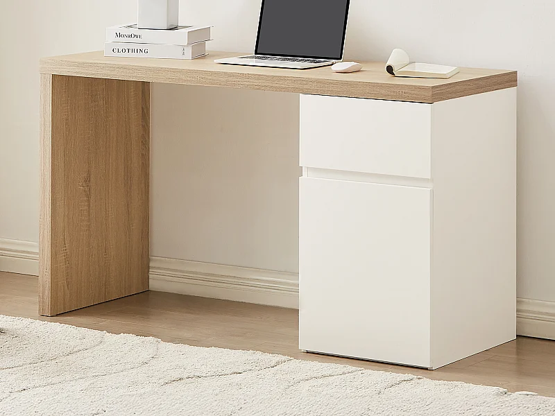 Bureau avec 1 tiroir et 1 placard - Coloris : Naturel et blanc - ACUNEZA