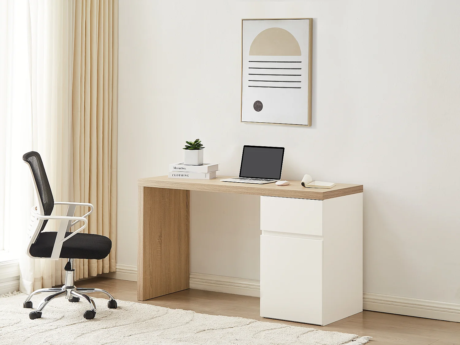 Bureau avec 1 tiroir et 1 placard - Coloris : Naturel et blanc - ACUNEZA