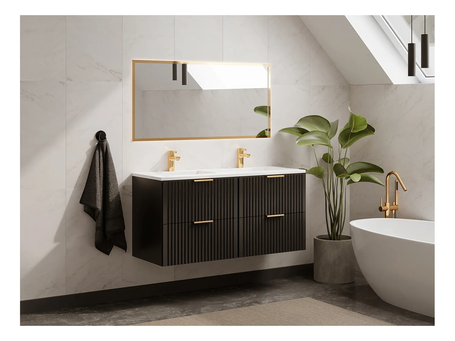 Meuble de salle de bain suspendu strié avec vasque à encastrer - Noir - 120 cm - ZEVARA