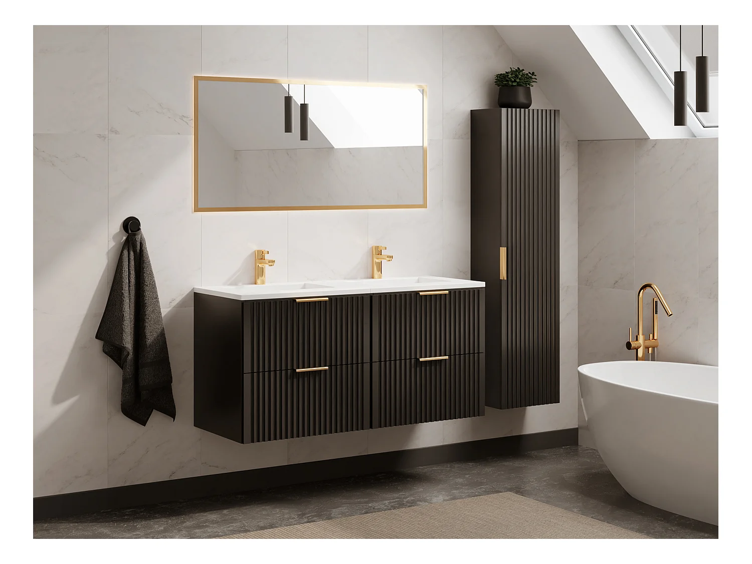 Meuble de salle de bain suspendu strié avec vasque à encastrer - Noir - 120 cm - ZEVARA