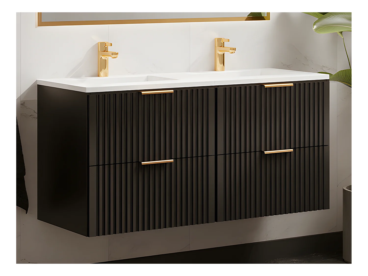Meuble de salle de bain suspendu strié avec vasque à encastrer - Noir - 120 cm - ZEVARA