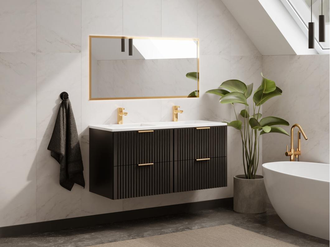 Meuble de salle de bain suspendu strié avec vasque à encastrer - Noir - 120 cm - ZEVARA