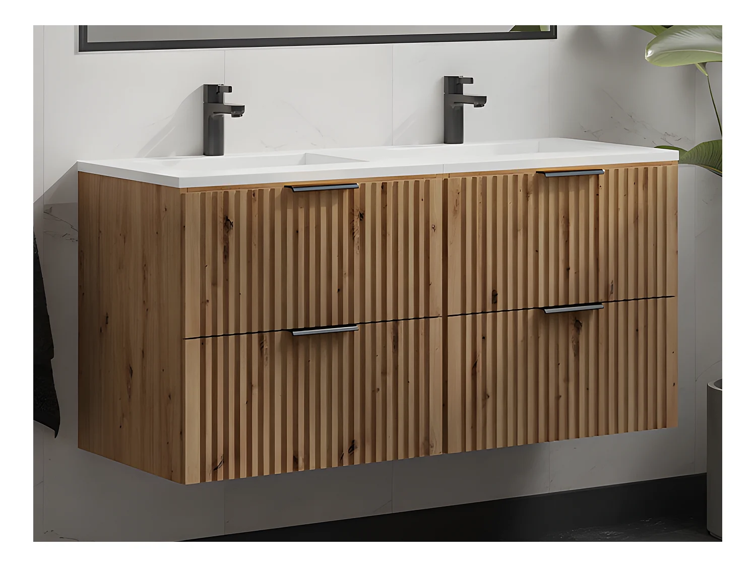 Mobile per bagno sospeso con scanalature e lavabo da incasso 120 cm Naturale chiaro - ZEVARA