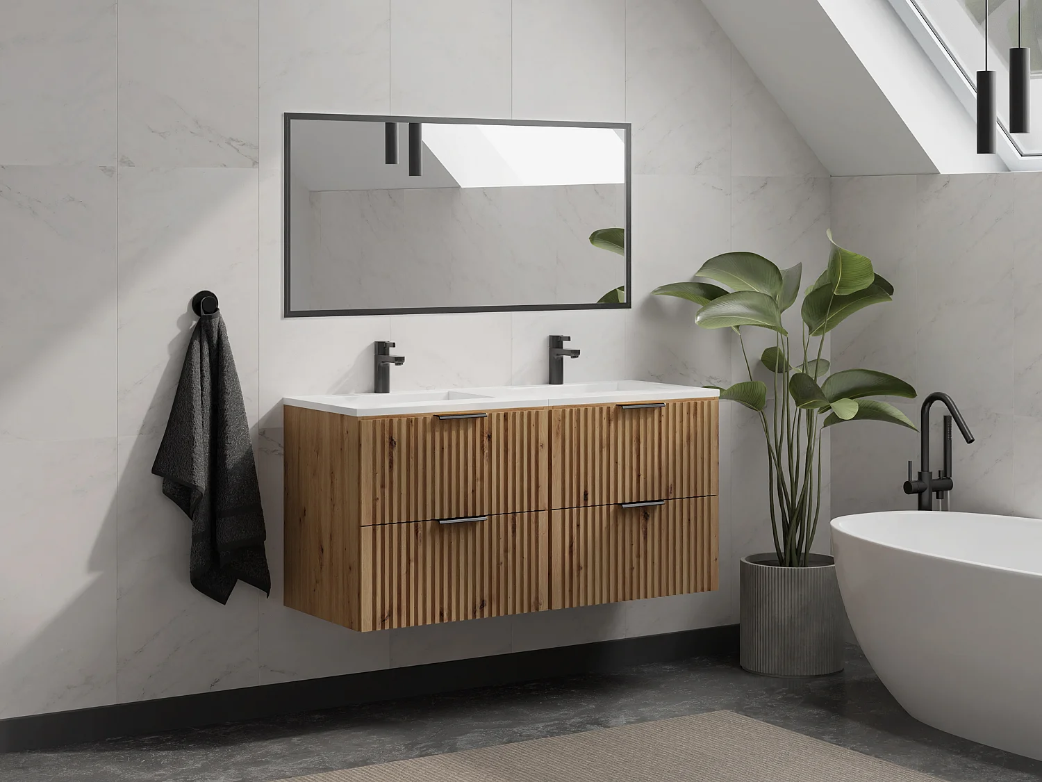Mobile per bagno sospeso con scanalature e lavabo da incasso 120 cm Naturale chiaro - ZEVARA