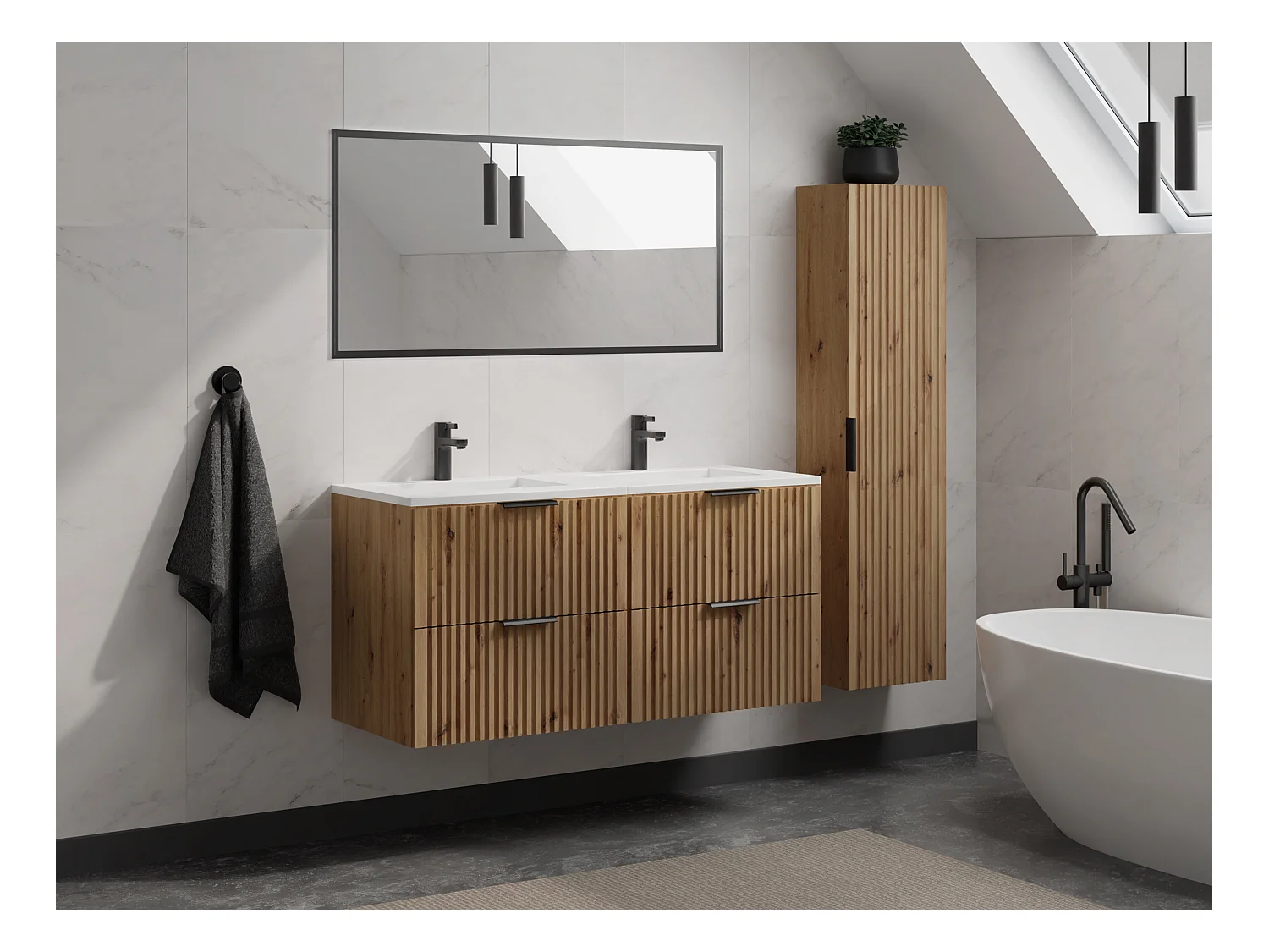 Mobile per bagno sospeso con scanalature e lavabo da incasso 120 cm Naturale chiaro - ZEVARA