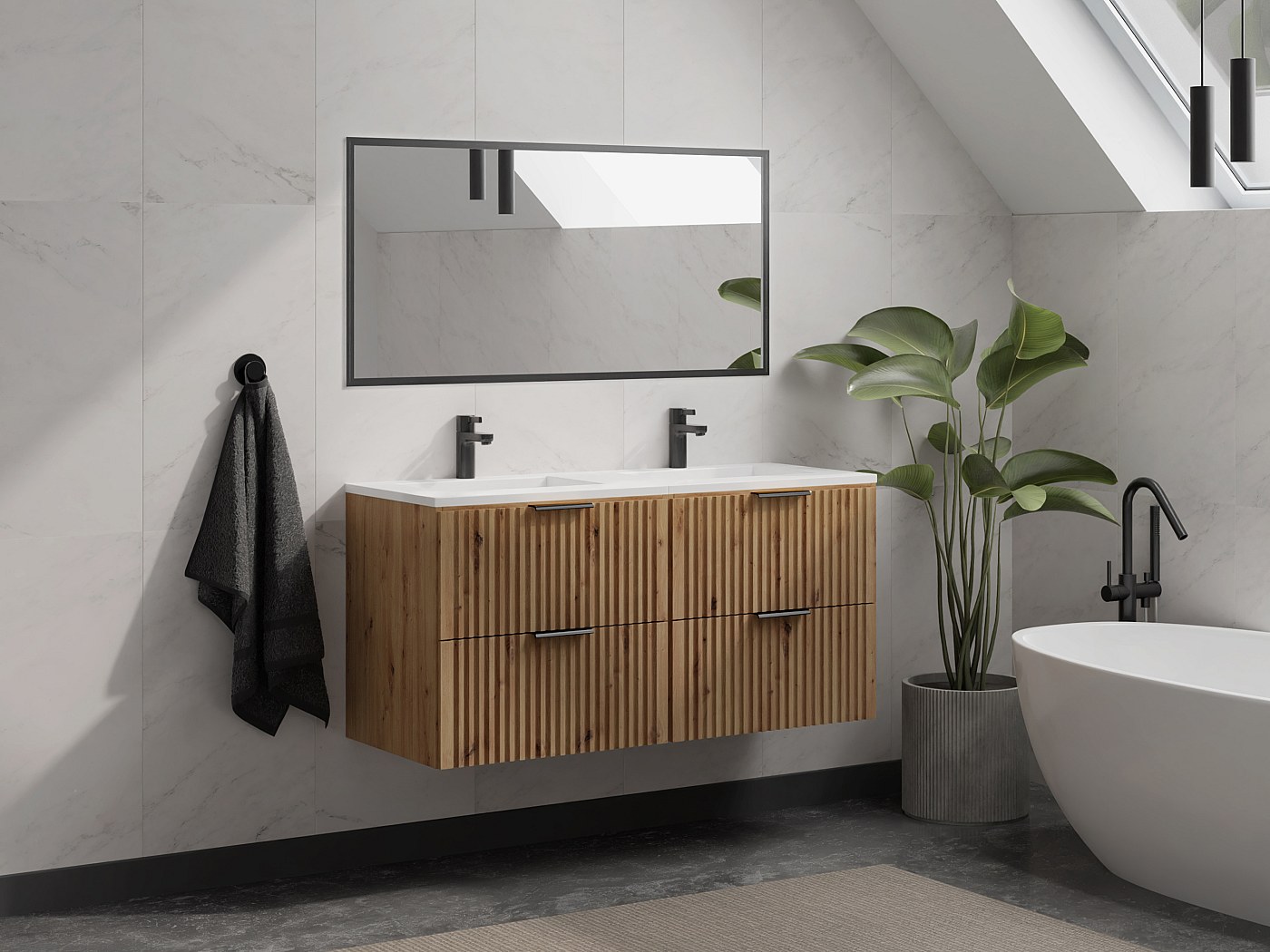Meuble de salle de bain strié avec vasque à encastrer, naturel clair