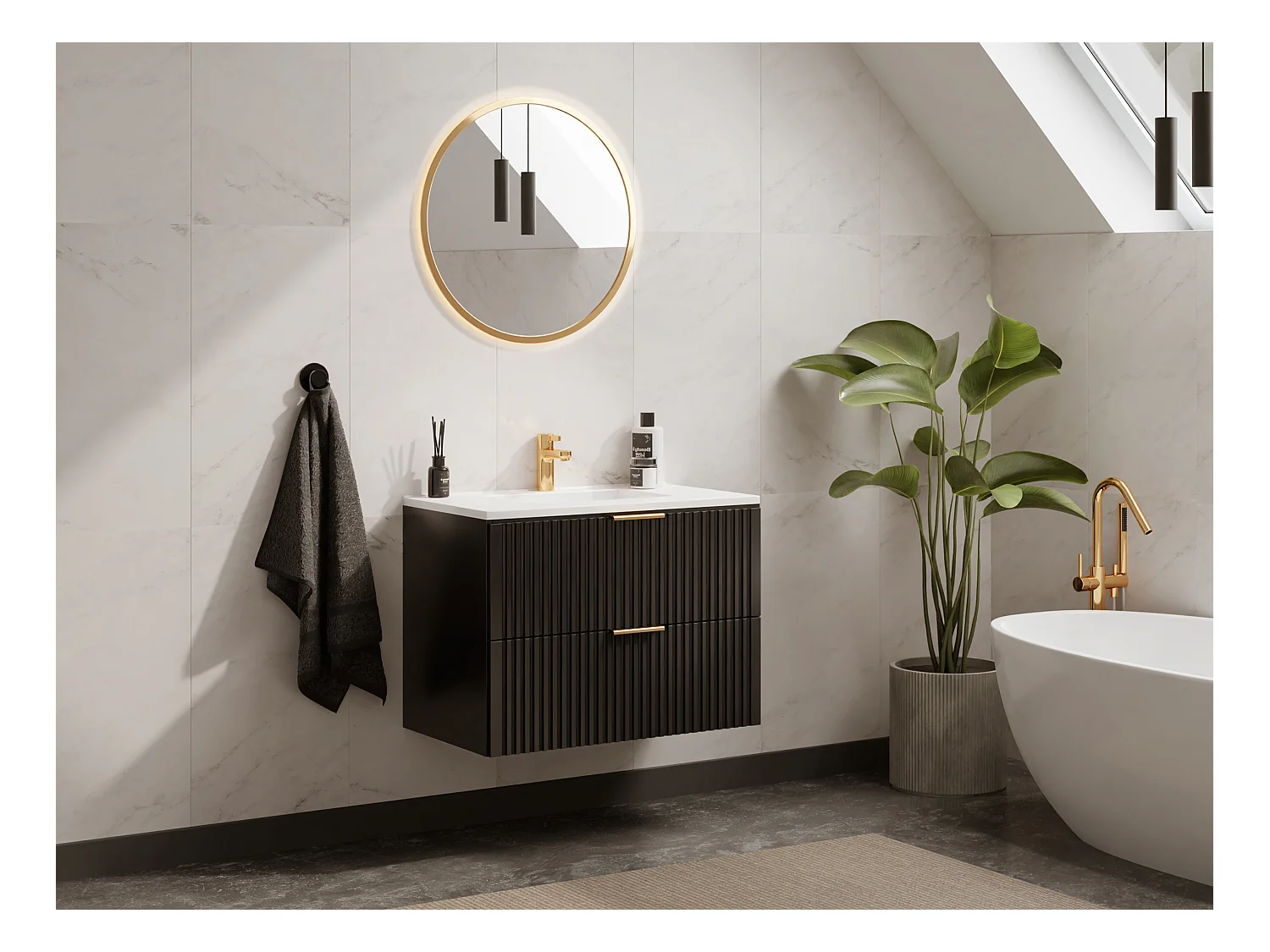Meuble de salle de bain suspendu strié avec vasque à encastrer - Noir - 80 cm - ZEVARA