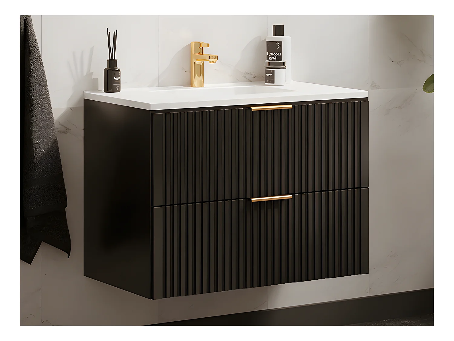 Geribbeld hangmeubel voor badkamer met inbouwwastafel - Zwart - 80 cm - ZEVARA