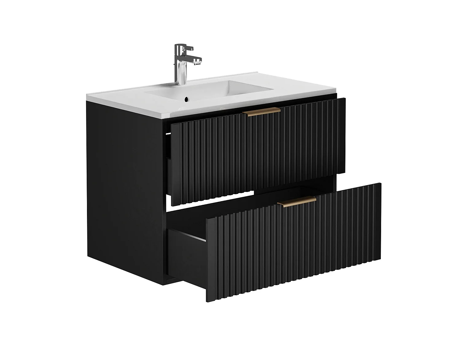 Geribbeld hangmeubel voor badkamer met inbouwwastafel - Zwart - 80 cm - ZEVARA