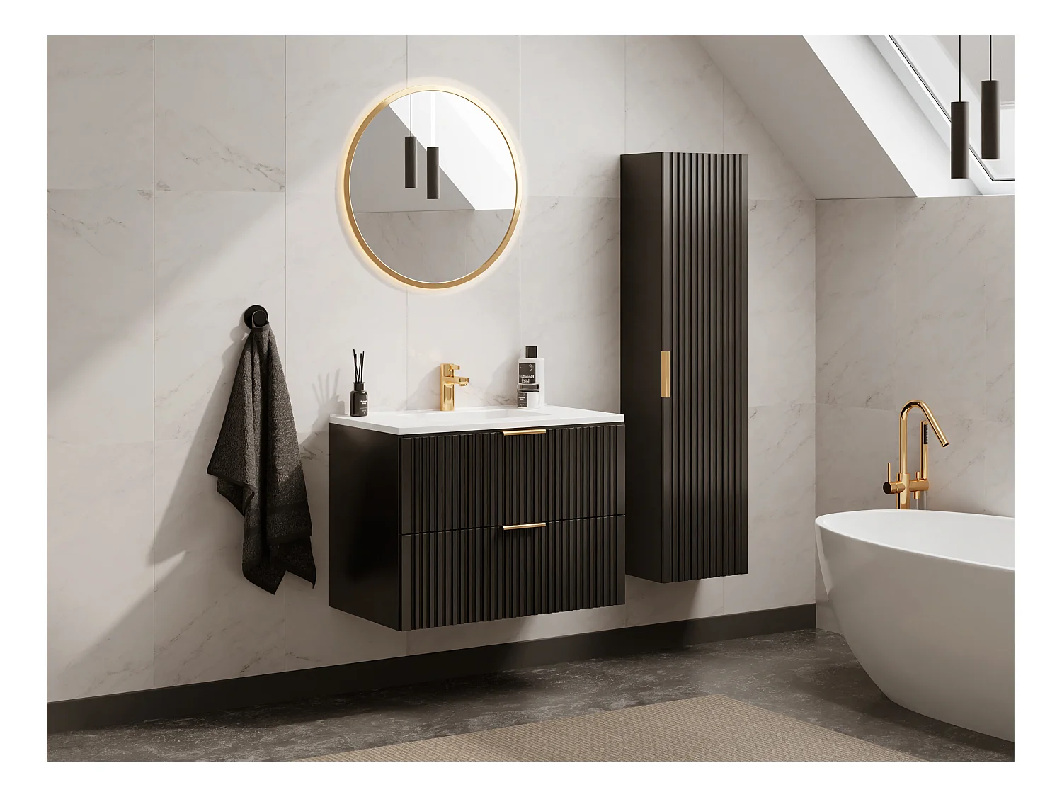 Geribbeld hangmeubel voor badkamer met inbouwwastafel - Zwart - 80 cm - ZEVARA